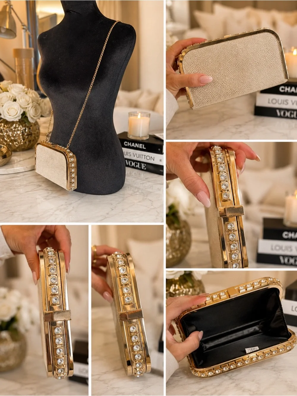 Gold-Trim Cream Pearl-Accent Crossbody Bag